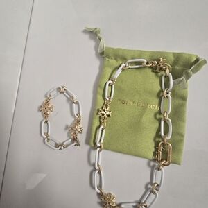 Tory Burch Gold and White Chain Bracelet Set